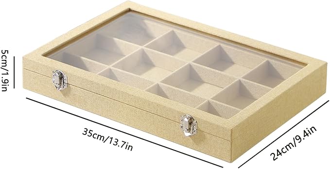 Coward Jewelry Organizer Box, Yellow Linen 12 Grids Bracelet Bangle Necklace Jewelry Display Tray Case with Transparent Glass
