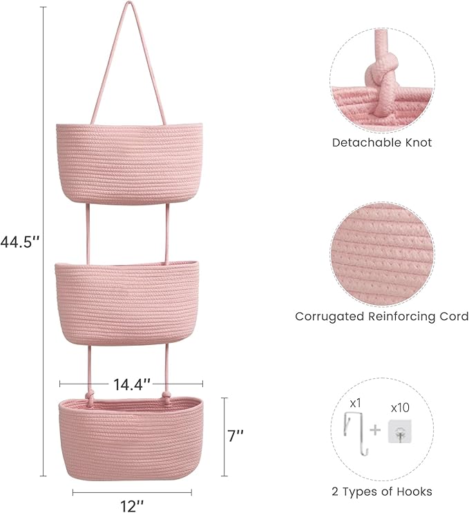 TeoKJ Over the Door Hanging Basket, 3-Tier Woven Cotton Wall-Mounted Storage Organizer Bag Decorative Hanging Nursery Baskets