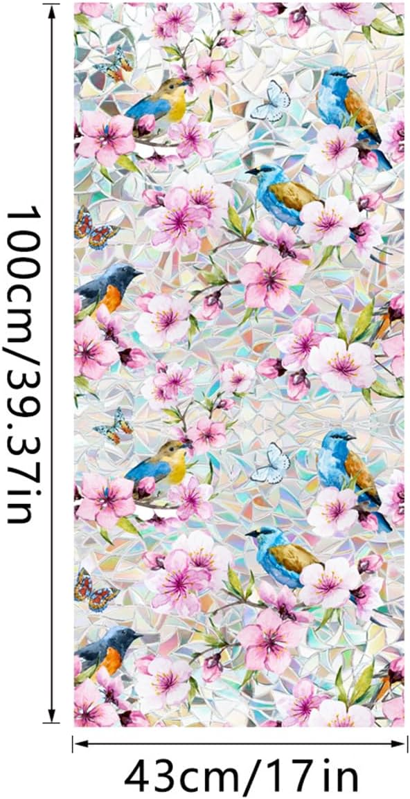 Niviy Bird Stained Glass Spring Summer Window Clings, Flowers Decor Bird Window Strike Prevention, Static Cling Stickers, Windows Tint for Home Bathroom (16.93 x 39.37inch)