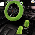 U&M 3 Pcs Set Fluffy Genuine Sheepskin Car Steering Wheel Cover with Handbrake Cover & Gear Shift Cover Fuzzy Wool Fur Soft Warm Winter (Green Frog, Shearling Wool)