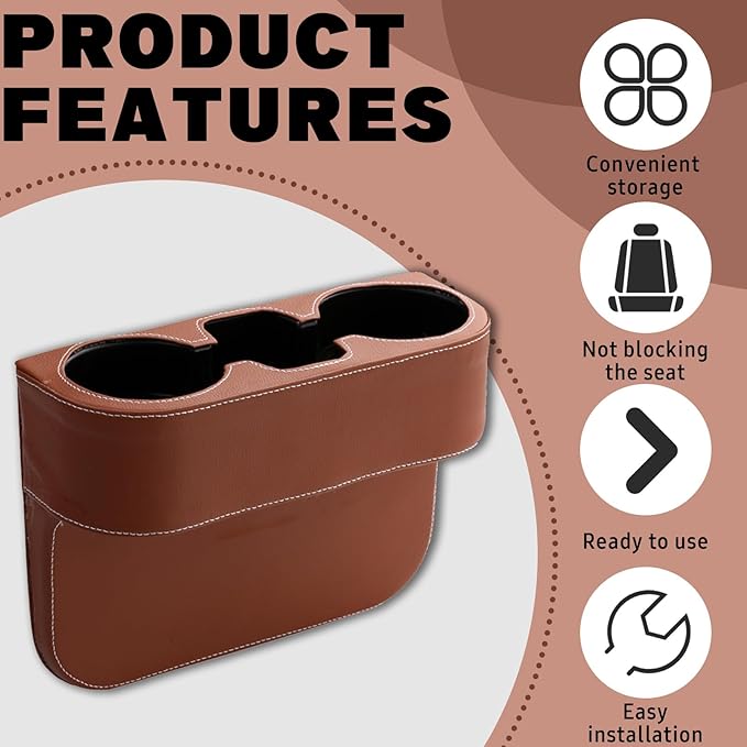 Car Cup Holder, Auto Front Seat Gap Interior Drink Organizer, Multifunctional Cup Drink Holders with PU Leather Cover, Gap Filler Storage Box Coin Bucket Console Side Pocket Key Wallet Holder (Brown)