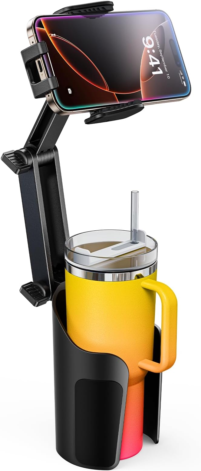 TAZENI 2-in-1 Cup Holder Cell Phone Holder for Your Car Bottle Friendly Cup Cell Phone Holder Mount for Car Height Adjustable Sturdy Fit 4.7-7 inches Phones