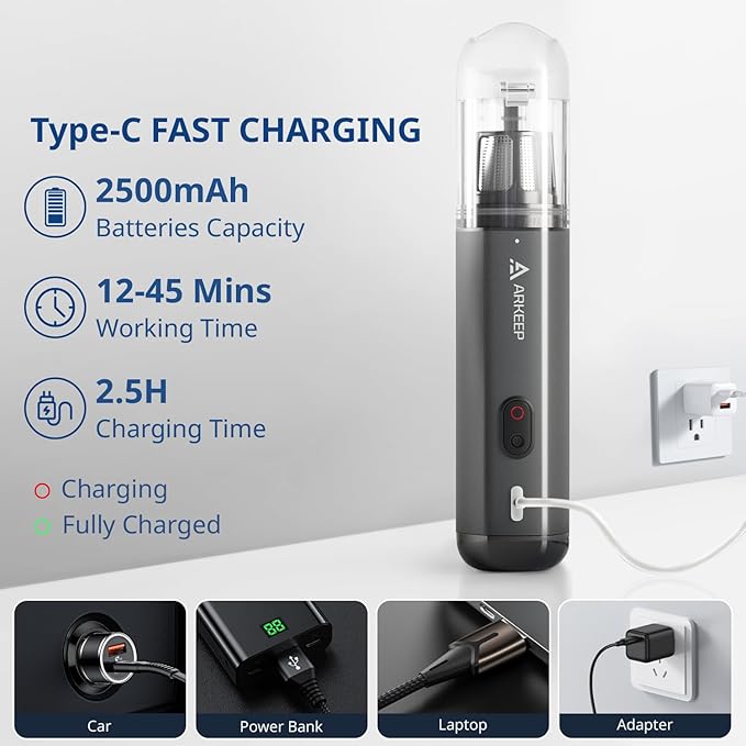 Car Vacuum 15KPa Handheld Vacuum Cordless, Portable Vacuum Cleaner with HEPA Filter, 2 Suction Modes, Type-C Charging, Lightw