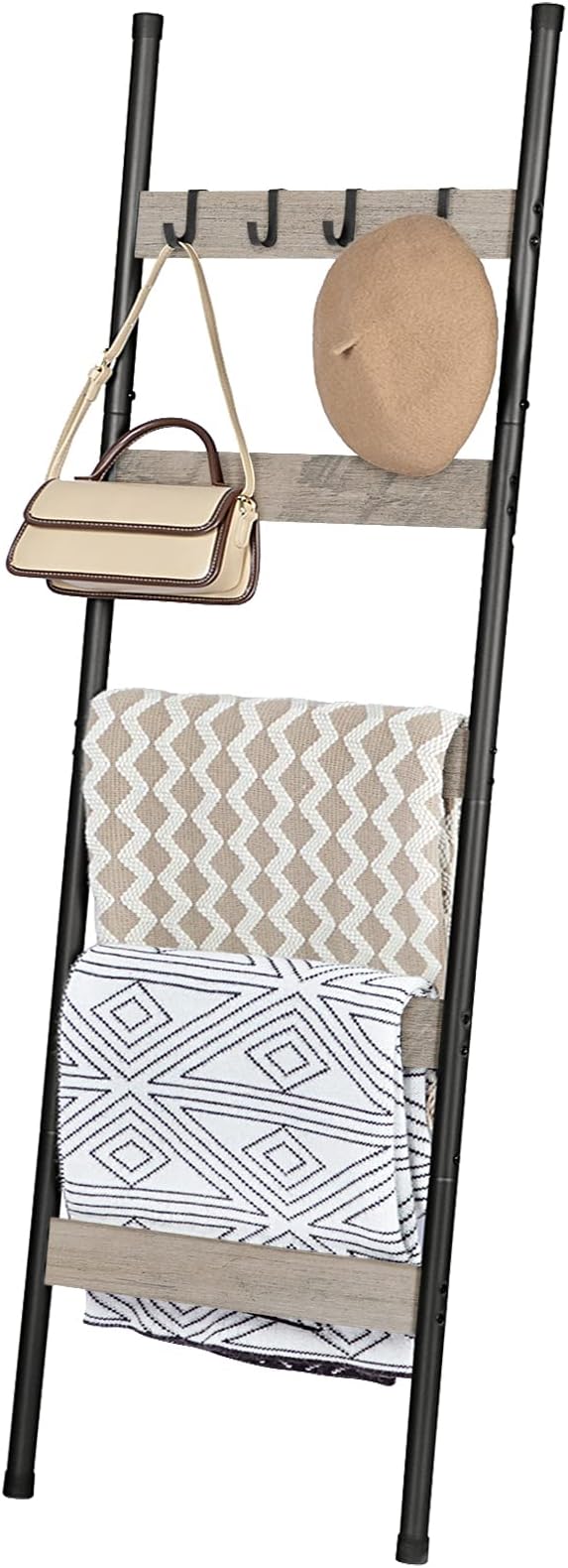 HOOBRO Blanket Ladder, 5-Tier Towel Rack with Hooks, Wall-Leaning Blanket Rack, Decorative Display Ladder Shelf, Scarves, Ind