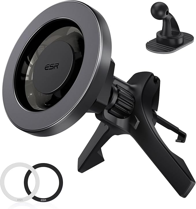 ESR for MagSafe Car Mount, Magnetic Phone Holder for Car Air Vent, Car Phone Holder Mount for iPhone 17e/17/16/16e/15/14/13/12/Samsung, All Smartphones(2 Metal Rings Included),Charging Not Supported