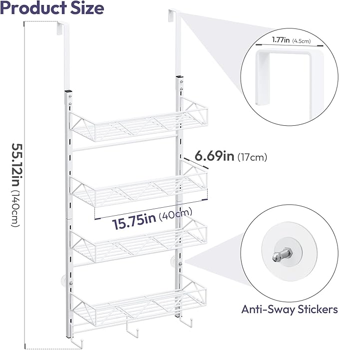 SWTYMIKI Over Door Hat Organizer - 5 Tier Wall Mounted Hat Rack with 4 Adjustable Metal Basket and 3 Hooks, Hanging Baseball 