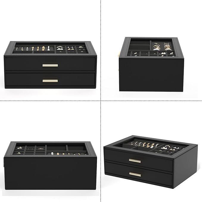 AKOZLIN Jewelry Box with Clear Lid Functional Leather Jewelry Storage Organizer Case 2 Drawers for Women Girls Necklace Ring 
