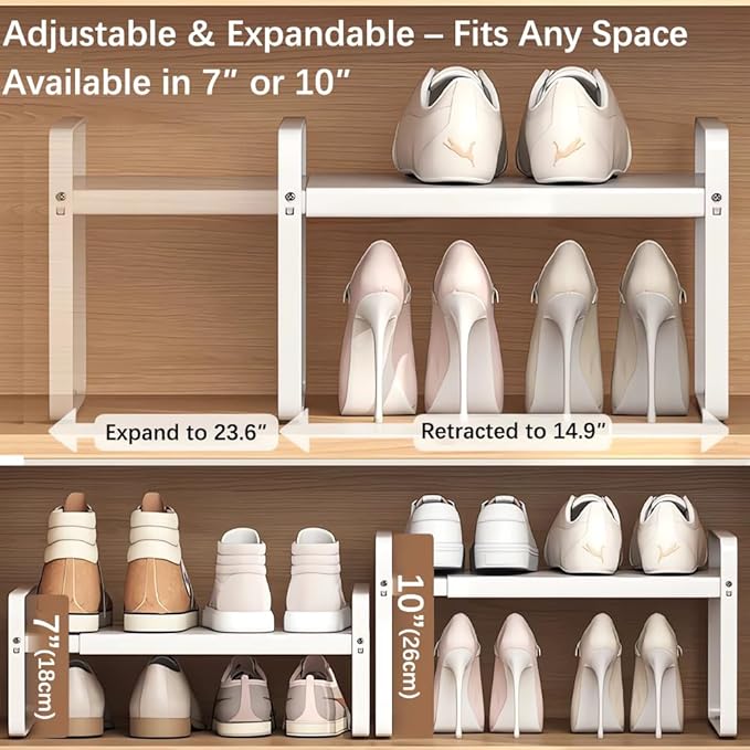 Expandable 1-Tier Metal Shoe Rack (H:7"), Adjustable Width 14.9"–23.6", Heavy-Duty Free-Standing Shoe Shelf for Closet, Entry