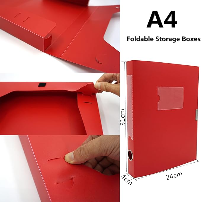 Foldable A4 Document Box, Pack of 4 Plastic Archive Cases with Lid, 31×24x4cm, File Folder Organizer Document Storage File Bo