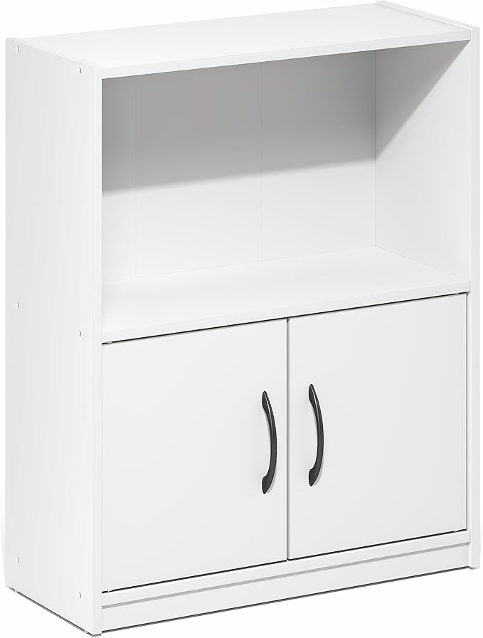 Furinno Gruen Book Shelf, 2-Tier Small Bookshelf, Bookcase with Open Shelf and Doors Storage Cabinet, 9.3 x 21.8 x 27, for Or