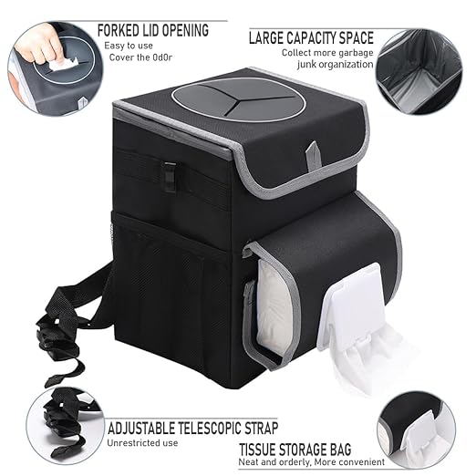 upra Car Trash Can with Lid,Bag Hanging Storage Pockets,Adjustable Tissue Holder & Straps,Portable Waterproof Garbage Bin, 1.98 Gal Large Capacity Multipurpose Bin