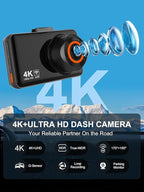 WiFi Dash Cam Front and Rear, 4K Front 2.5K Car Camera, 3" IPS Screen, 170° Wide Angle, WDR Night Vision, 64GB SD Card Included, Loop Recording, G-Sensor, 24H Parking Monitor, Type-C Charging (K9)