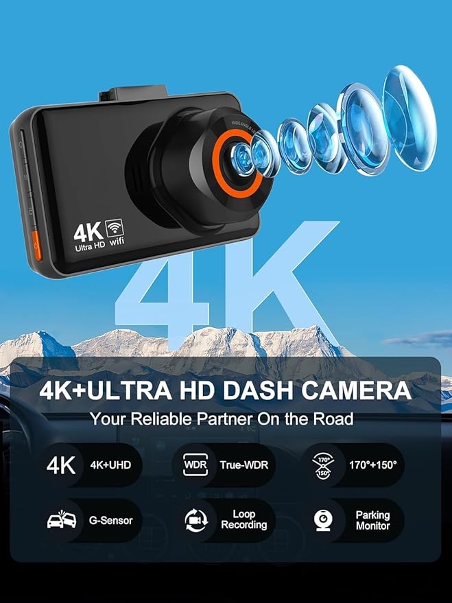 WiFi Dash Cam Front and Rear, 4K Front 2.5K Car Camera, 3" IPS Screen, 170° Wide Angle, WDR Night Vision, 64GB SD Card Included, Loop Recording, G-Sensor, 24H Parking Monitor, Type-C Charging (K9)