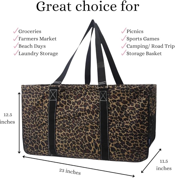 NGIL Extra Large Utility Tote Reusable Grocery Organizing Bag Oversized Collapsible for Storage, Picnic,Car, Beach (Leopard Print)