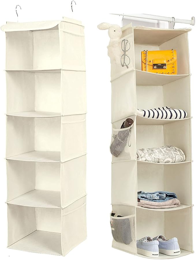 BrilliantJo 5 Shelves Hanging Closet Organizer, 2 Pack Hanging Storage with 6 Side Pockets for Clothes Shoes, 43"x12"x12"(Bei