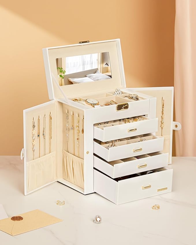 Homde Synthetic Leather Huge Jewelry Box Mirrored Watch Organizer Necklace Ring Earring Storage Lockable Gift Case (White + G
