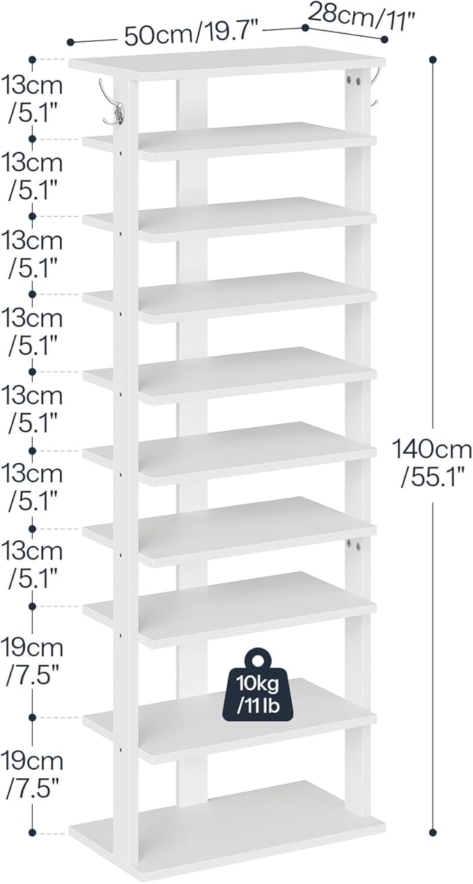 HOOBRO 10 Tiers Vertical Shoe Rack, Wooden Shoe Storage Organizer with Hooks, Narrow Shoe Tower for 20 Pairs, Space Saving, f