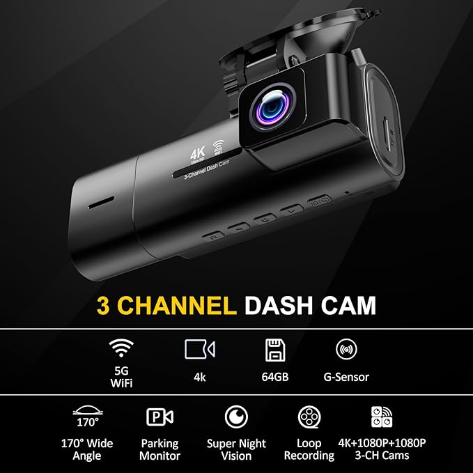 4K Dash Cam Front and Rear Inside,3.16" IPS,3 Channel Dash Cam for Car with 5G WiFi,Free 64GB Card,170° Wide Angle,Loop Recor