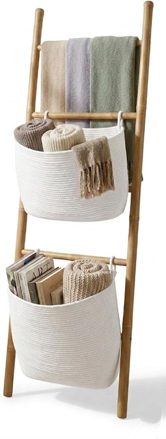 Handcrafted Bamboo Blanket Ladder with 2 Large Woven Storage Baskets, 55in Tall, Boho Wall-Leaning Decorative Rack for Living