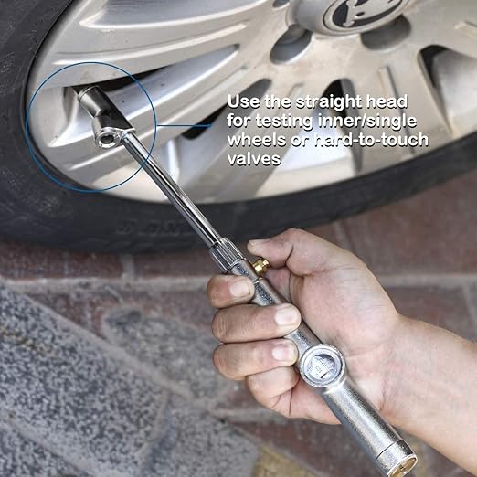 CZC AUTO Tire Pressure Gauge, Straight on Foot Dual Head Truck Air Gage, Accurate Mechanical Dually Chuck Wheel Gage Tester with Magnifying Bubble Lens for Car RV Van ATV Motorcycle Bike, 10-120PSI