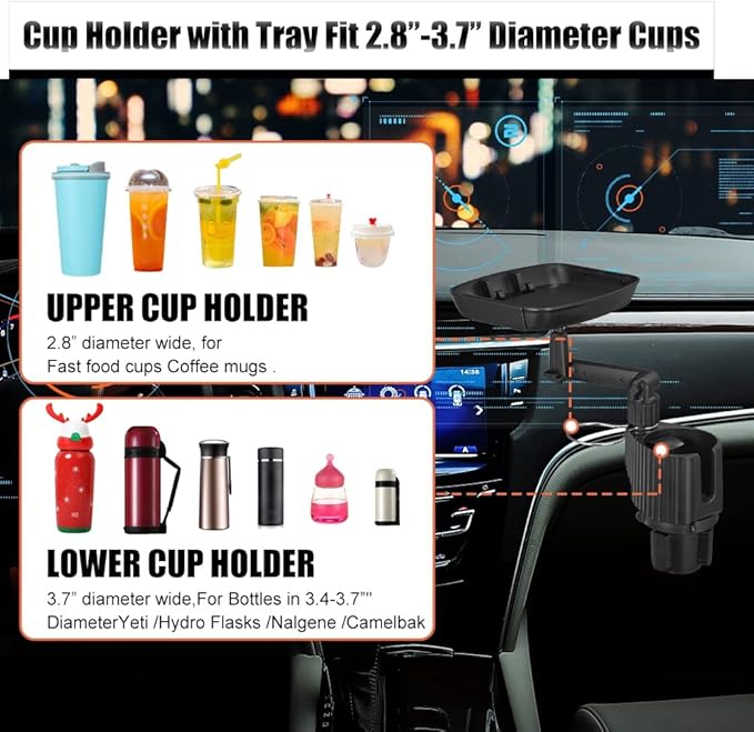JSCARLIFE Car Cup Holder Expander with Detachable Tray, Multifunctional Car Food Tray Table, Travel Trip Accessories Large Water Bottle Holder