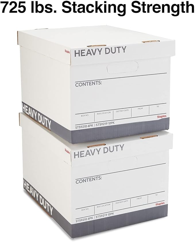 Staples Storage & Filing Box, Heavy-Duty with Handles & Removable Lid, Letter & Legal Size Documents, Stackable, 12-Pack, Whi