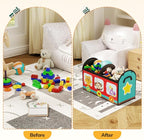 YOHOOLYO Toy Storage Organizer for Kids, 28.3x12.6x17.3 Large Sturdy Flip-Top Toy Box with Fabric Lid & Handles, Cute Train D