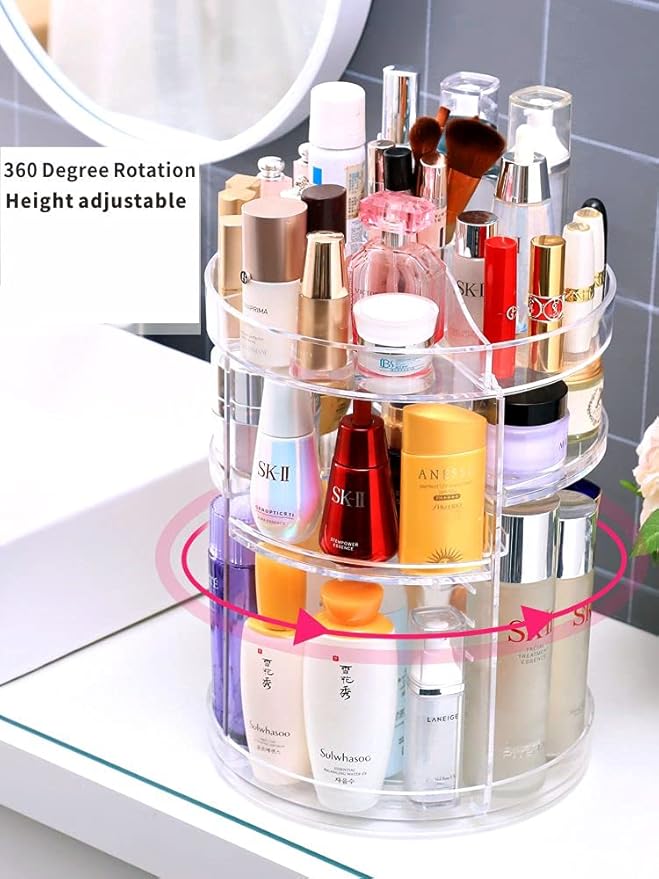 Cq acrylic Rotating Makeup Organizer,Adjustable Spinning Skincare Organizer for Vanity,Countertop,Clear Rotating Perfume Orga