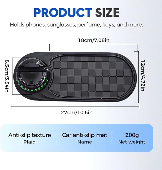 Multifunction Car Anti-Slip Mat, Non-Slip Dashboard Storage Pad with 360° Rotatable Phone Holder & Temporary Parking Number, 