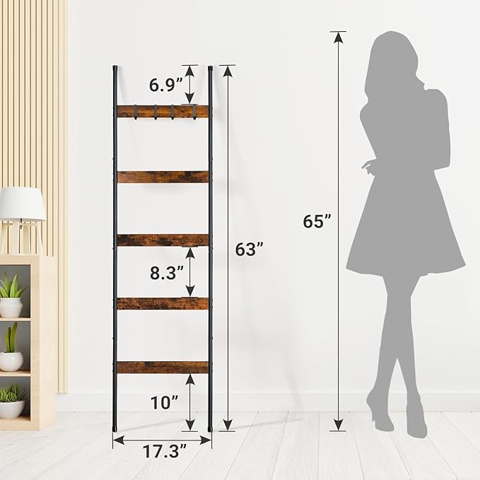 ELYKEN 2 Pack Blanket Ladder for Living Room, Farmhouse 5-Tier Quilt Holder with 4 Removable Hooks for Bathroom, Wood Towel R
