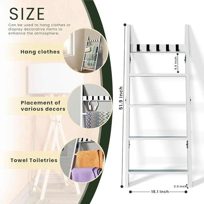 White Decorative Wooden Blanket Ladder for The Living Room and Bedroom, 5.2ft, Pine Wood Quilt Ladder, 5-Tier Wall Leaning Bl