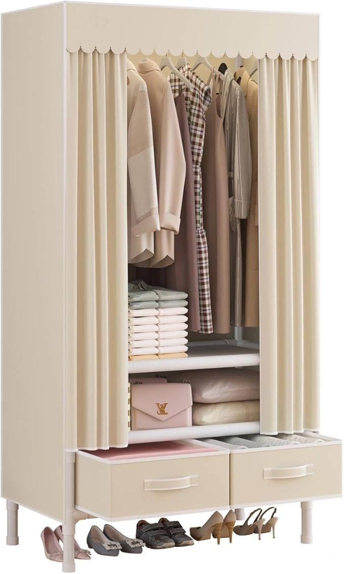 Portable Closet,Garment Rack,Heavy Duty Clothes Rack with Cover,Wardrobe Closet with 1 Hanging Rods, 2 Storage Shelves and 2 