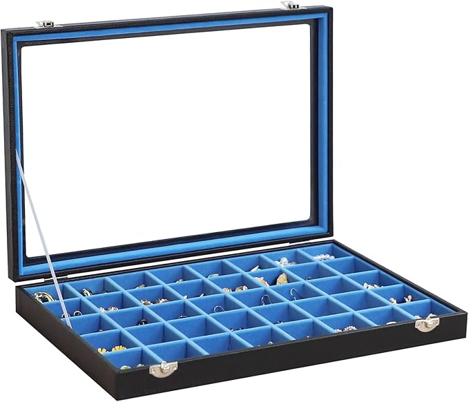Stratalife Jewelry Organizer 40 Grid Blue Black Jewelry Tray with Clear Dust-proof Lid Velvet Earring Organizer Necklace Ring
