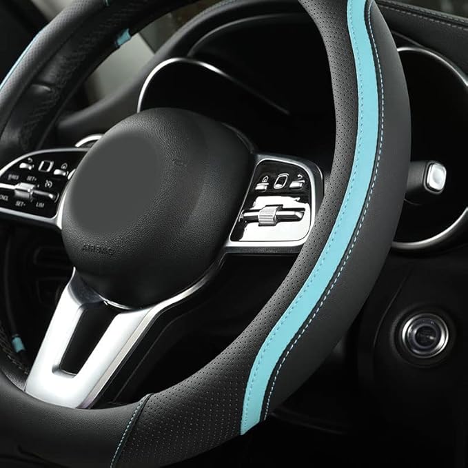 Car Steering Wheel Cover, Leather Steering Wheel Cover Blue Universal 14.5-15 Inch Microfiber Leather Anti-Slip Breathable Au