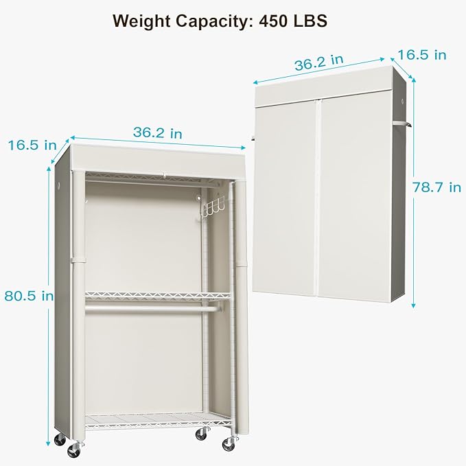 FUTASSI White Clothing Rack with Beige Cover, P1C Rolling Closets with Wheels, Metal Garment Rack for Hanging Clothes, Clothi