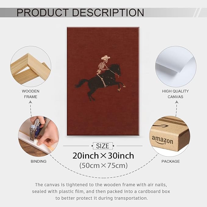 Retro Western Framed Wall Art Skeleton Cowboy Poster Vintage Bucking Bronco Prints Quirky Western Horse Rider Painting Hallow