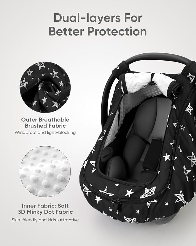 Car Seat Cover Baby Boy, Infant Car Seat Canopy Outdoor, 2 Layers with Mesh and Sun Shade Window for Summer Winter, Easy Acce