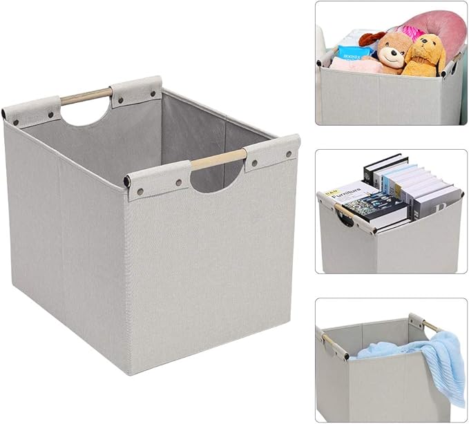 HOONEX Large Foldable Storage Bins, Linen Fabric, 2 Pack, with Wooden Carry Handles and Sturdy Heavy Cardboard, for Home, Off