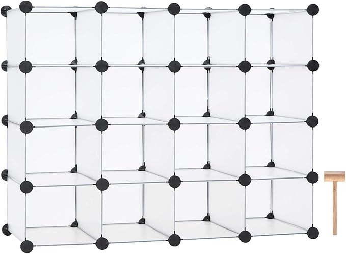 C&AHOME Plastic Shoe Rack,16-Cube Modular Shoes Storage Stand, Multifunction Closet Cabinet, Stackable Shoe Organizer for Bed