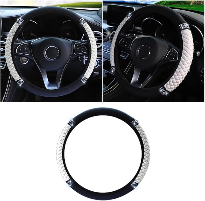 Bling Soft Leather Steering Wheel Cover, 15 Inch Colorful Rhinestones Auto Elastic Protector with Crystal Diamond for Women G