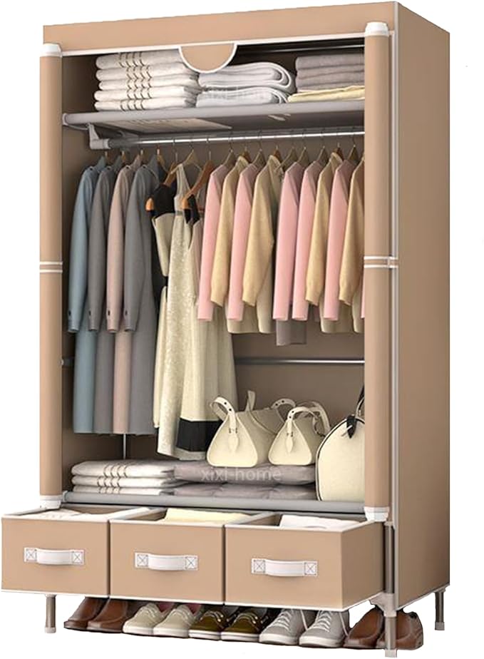 Portable Wardrobe Closet,Foldable Clothes Organizer with 3 Storage Box 35in Simple Non-Woven Fabric Wardrobe Multi-Functional