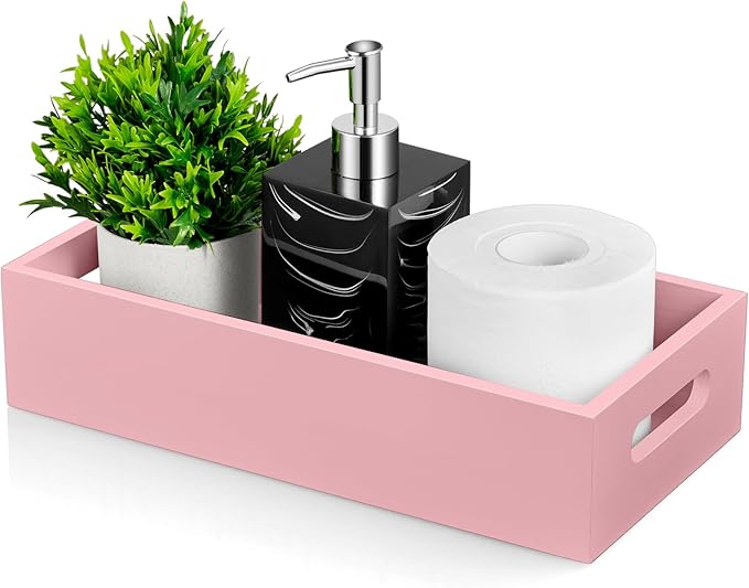 ALELION Pink Bathroom Basket for Organizing - Wooden Toilet Tank Paper Basket with Handle for Back of Toilet Tank Top Organiz