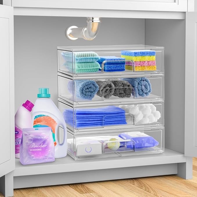 Sorbus Acrylic Storage Containers - 4 Pack, Stackable Storage Bins Set for Bathroom Organization - Clear Acrylic Drawer Organ
