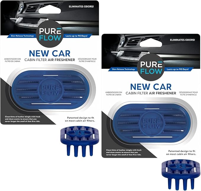 Pureflow Cabin Filter Air Freshener with Odor Eliminator – Fits on Most Car, Truck, and SUV Cabin Air Filters - New Car (2 Pa