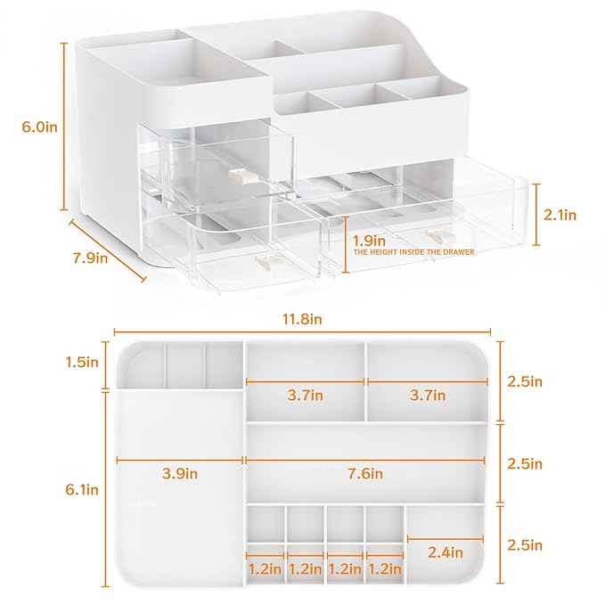 White Makeup Organizer With Drawers,Large Skincare Organizers for Countertop,Desk,Dresser,Plastic Bathroom Counter Organizer 