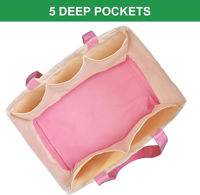3 Pack Canvas Reusable Grocery Bags Heavy Duty, 8.3 gal Foldable Large Tote Bag with Handles, Holds 60 lbs Canvas Shopping Bags & Washable Eco-friendly Bags with 5 Pockets, Pink+Off white
