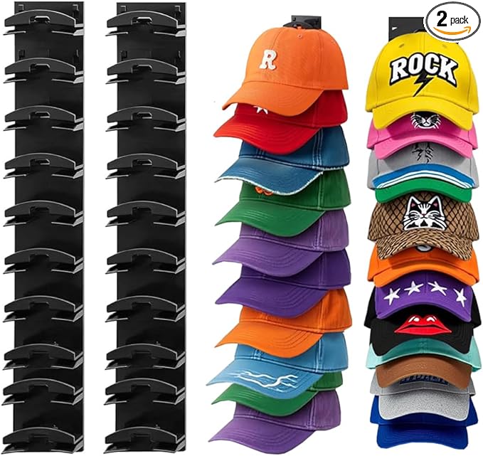 Hat Hook for Wall, 2 Pack Hat Organizer Hold up to 20 Hats, Hat Rack for Wall with Strong Adhesive, Hat Rack for Door Closet,