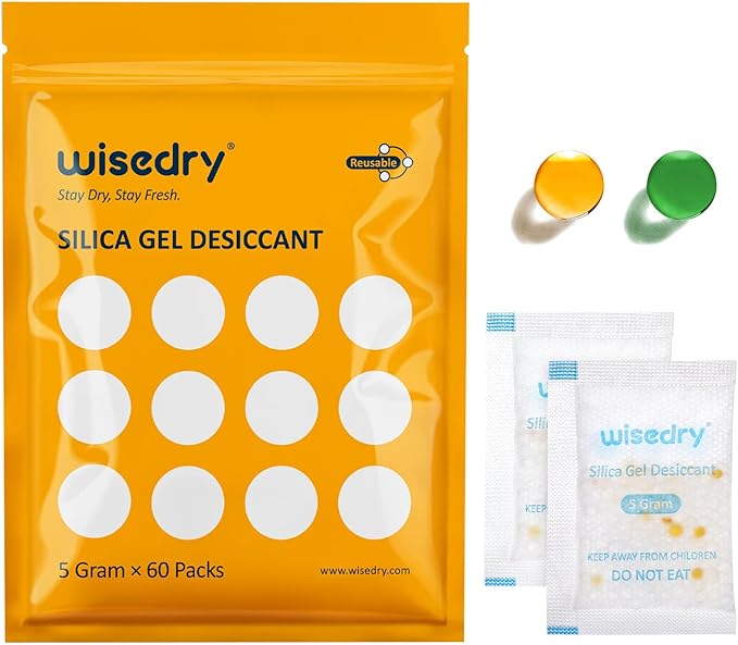 wisedry 5 Gram [60 Packs] Food Grade Silica Gel Packs Rechargeable Desiccant Dehumidifiers Pouches with Color-Indicating