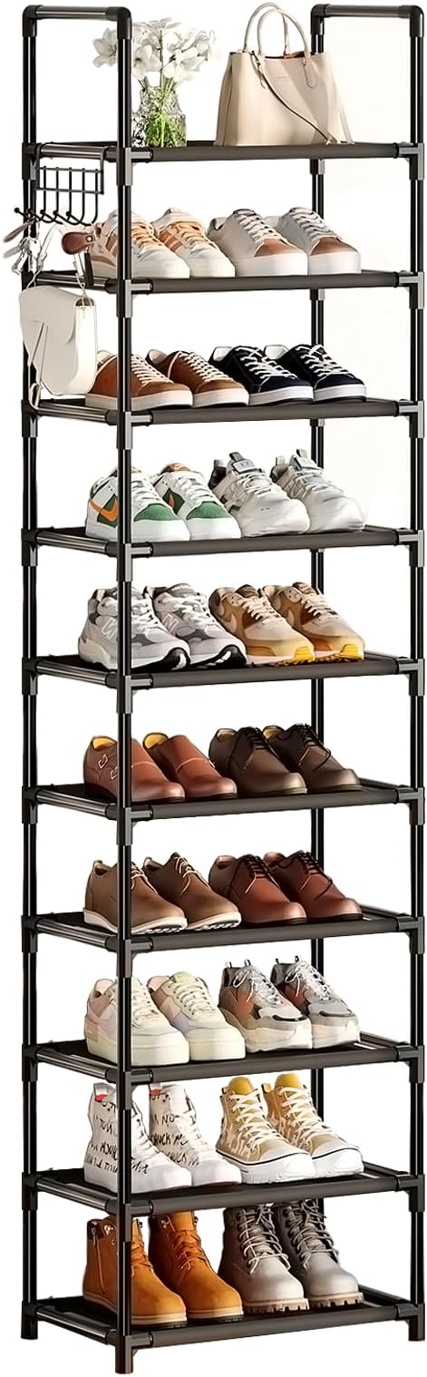 Simple Trending Tall Shoe Rack for Closet, 10 Tiers Narrow Shoe Shelf Holds 20 Pairs, Shoe Organizer Storage with Hooks, Blac