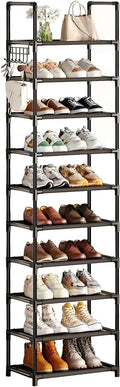 Simple Trending Tall Shoe Rack for Closet, 10 Tiers Narrow Shoe Shelf Holds 20 Pairs, Shoe Organizer Storage with Hooks, Blac